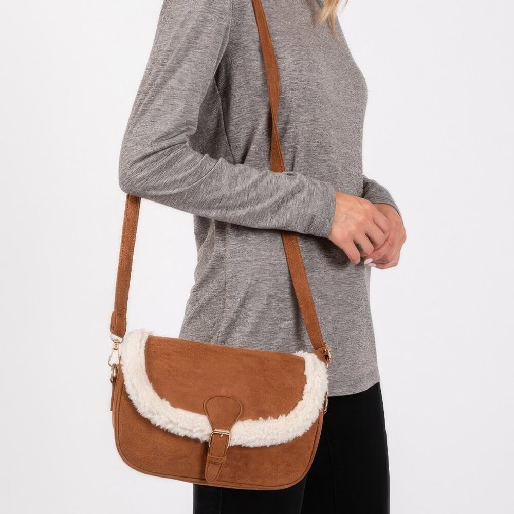 Fleece Trimmed Solid Crossbodybag Adjustable Strap - image 3